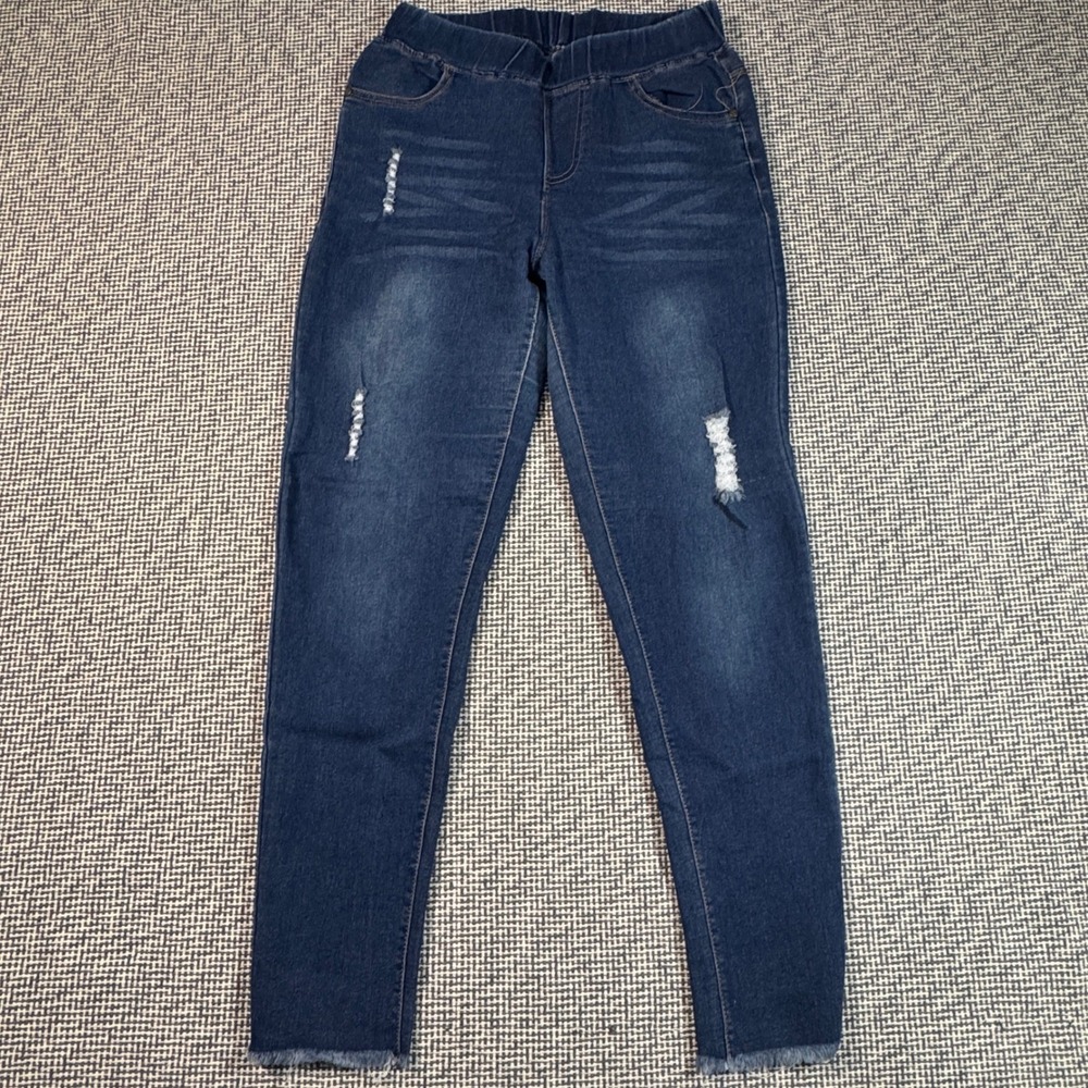Unbranded Women Distressed Pull On Skinny Jeggings Dark Wash Blue Raw Hem Size L